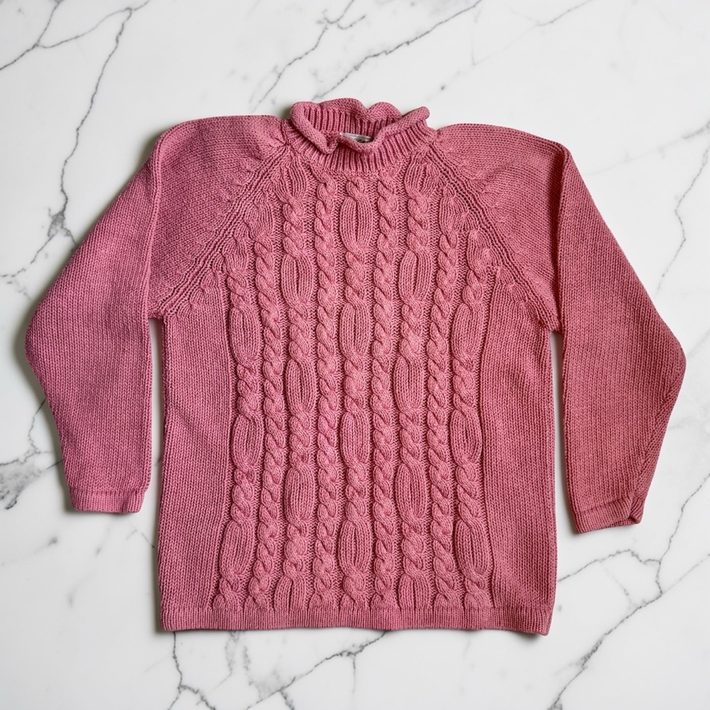 VTG 90s Chunky Cable Knit Fisherman Sweater Sz S Maggie Lawrence Pink Mock Neck